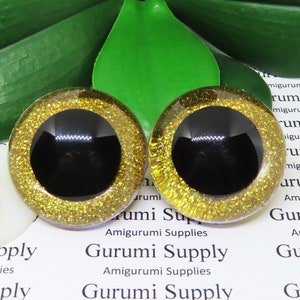 40mm Clear Round Safety Eyes with Gold Glitter Non-Woven Slip Iris, Black Pupil and Washers: 1 Pair - Dolls / Amigurumi / Animal / Crochet