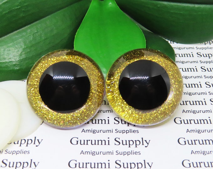 40mm Clear Round Safety Eyes with Gold Glitter Non-Woven Slip Iris, Black Pupil and Washers: 1 Pair - Dolls / Amigurumi / Animal / Crochet