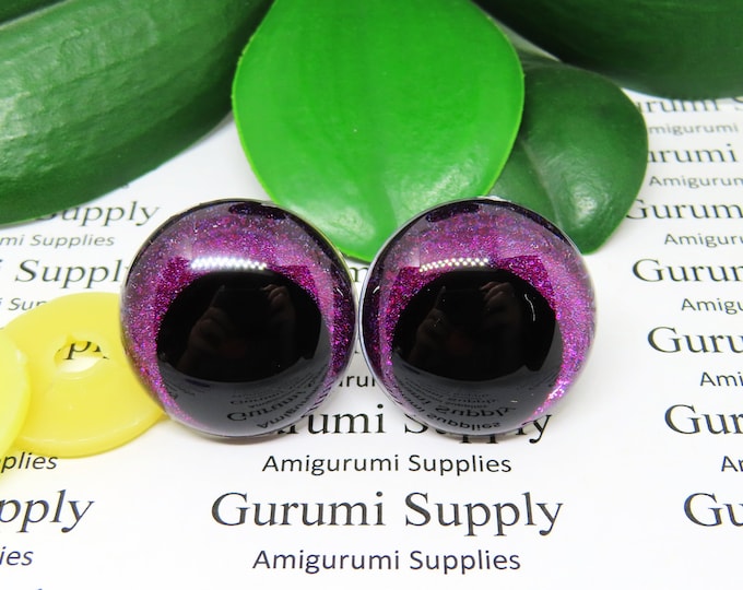 28mm Clear Safety Eyes with Purple Glitter Non-Woven Slip Iris, Black OC Pupil and Washers: 1 Pair - Amigurumi / Off Center / Round