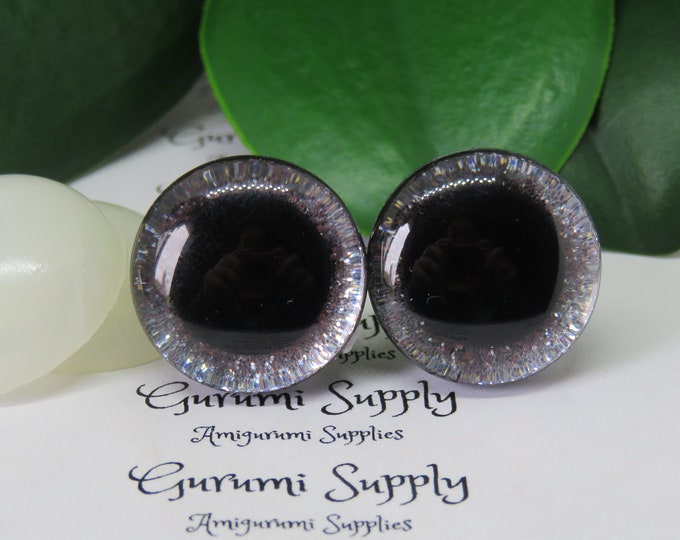 20mm Clear Trapezoid Safety Eyes with a Silver Glitter Slip and Black Iris with Washers: 1 Pair - Dolls / Amigurumi / Animals / Crochet