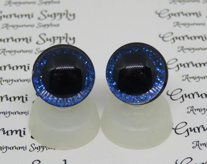 16mm Clear Trapezoid Plastic Safety Eyes with a Dark Blue Glitter Non-Woven Slip Iris and Washers:  2 Count/1 Pairs - Dolls/Amigurumi/Animal