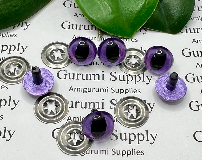 12mm Hand Painted Metallic Purple Color Iris Black Pupils Round Cat Style Safety Eyes and Washers: 3 Pairs – Dragon / Amigurumi / Animal