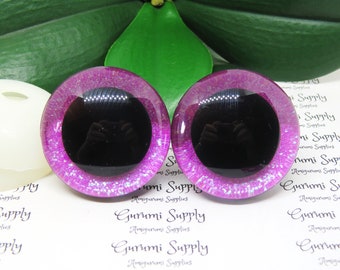 40mm ClearTrapezoid Plastic Safety Eyes with a Fuchsia Frost Glitter Non-Woven Slip Iris and Washers: 1 Pair - Amigurumi / 3D / Toys / Craft