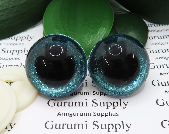 30mm Clear Round Plastic Safety Eyes with Teal Glitter Non-Woven Slip Iris, Black Pupil and Washers: 1 Pair - Round / Amigurumi / Doll