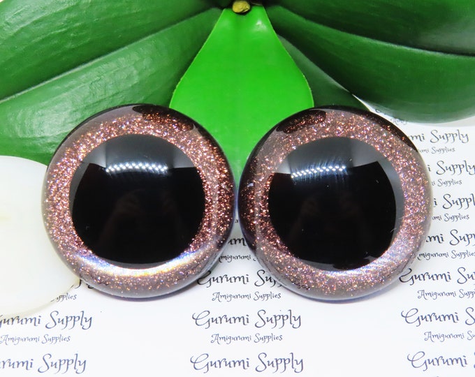 50mm Clear Round Safety Eyes with Brown Glitter Non-Woven Slip Iris, Black Pupil and Washers: 1 Pair - Dolls / Amigurumi / Animal / Crochet