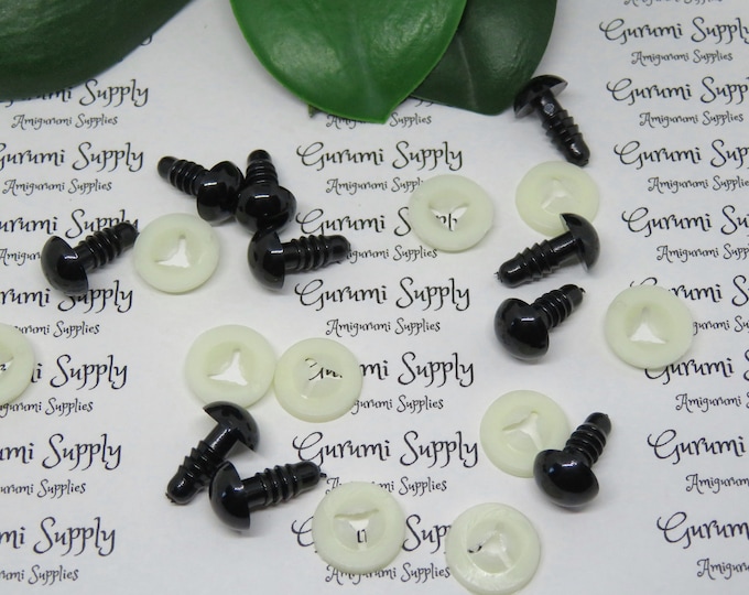 10mm Solid Black Round Safety Eyes with Washers: 5 Pairs - Amigurumi Eyes / Animals Eyes / Doll Eyes / Toy Eye / Craft Eyes / Crochet / Knit