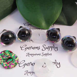 12mm Clear Round Plastic Safety Eyes with a Mardi Gras Glitter Non-Woven Slip Iris and Washers: 2 Pairs - Dolls/Amigurumi/Animal/Crochet