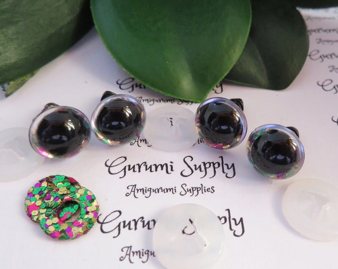 12mm Clear Round Plastic Safety Eyes with a Mardi Gras Glitter Non-Woven Slip Iris and Washers: 2 Pairs - Dolls/Amigurumi/Animal/Crochet