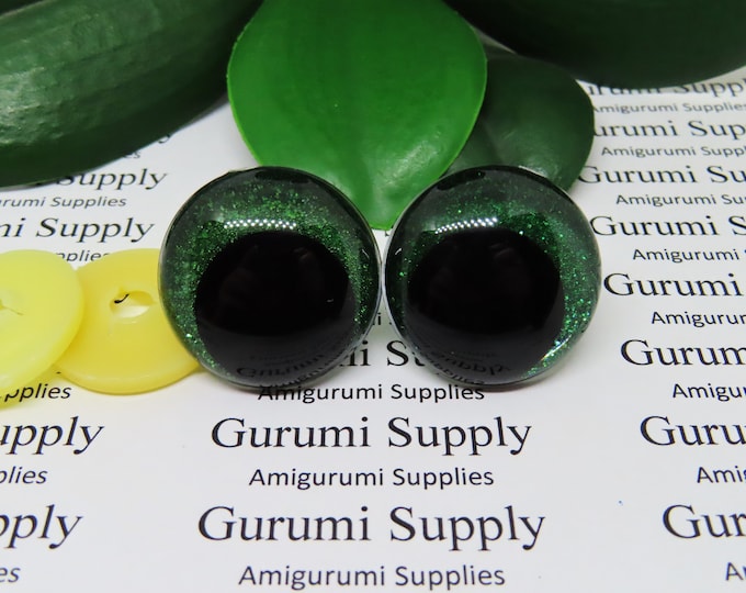 28mm Clear Safety Eyes with Green Glitter Non-Woven Slip Iris, Black OC Pupil and Washers: 1 Pair - Amigurumi / Off Center / Round / Crochet