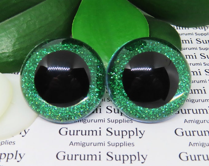 40mm Clear Round Safety Eyes with Green Glitter Non-Woven Slip Iris, Black Pupil and Washers: 1 Pair - Dolls / Amigurumi / Animal / Crochet