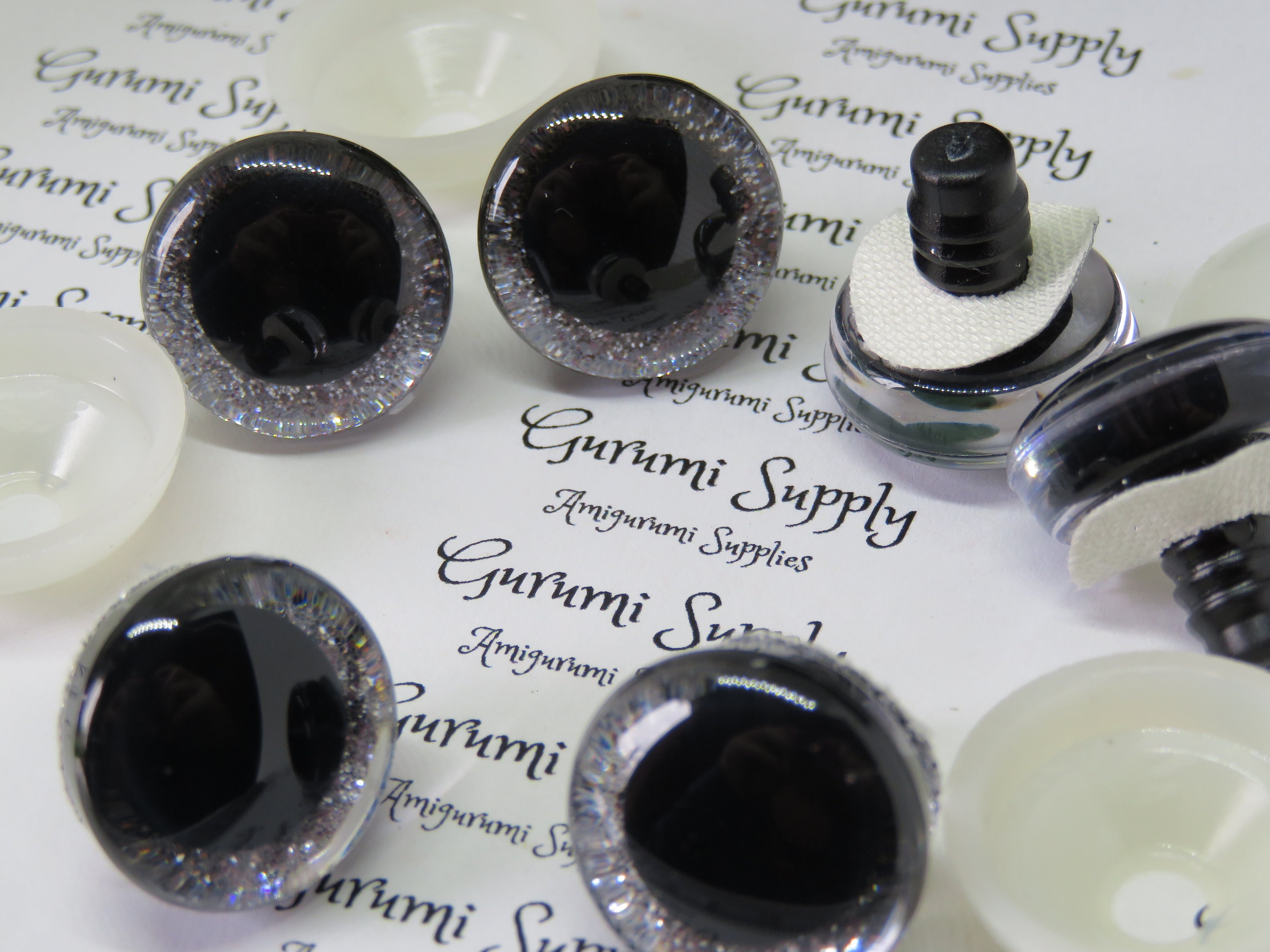 20mm Clear Trapezoid Safety Eyes with a Silver Glitter Slip and Black Iris  with Washers: 1 Pair - Dolls / Amigurumi / Animals / Crochet