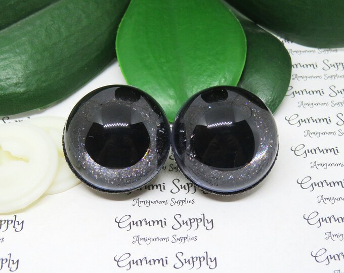 30mm Clear Round Safety Eyes with Black Glitter Non-Woven Slip Iris, Black Pupil and Washers: 1 Pair - Dolls / Amigurumi / Animal / Crochet