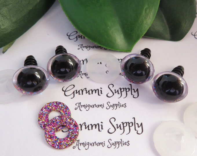 12mm Clear Round Plastic Safety Eyes with a Purple Sparkle Glitter Non-Woven Slip Iris and Washers: 2 Pairs - Dolls/Amigurumi/Animal/Crochet