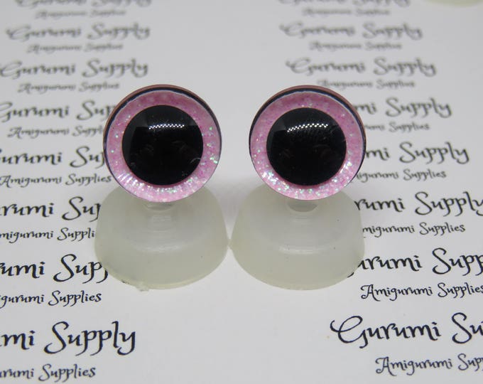 16mm Clear Trapezoid Plastic Safety Eyes with a Light Pink Glitter Non-Woven Slip Iris and Washers: 1 Pair - Doll / Amigurumi / Animal / Toy