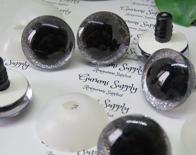 24mm Clear Trapezoid Safety Eyes with Silver Glitter Slip, Black Iris and Washers: 1 Pair - Dolls / Amigurumi / Animals / Stuffed Creation