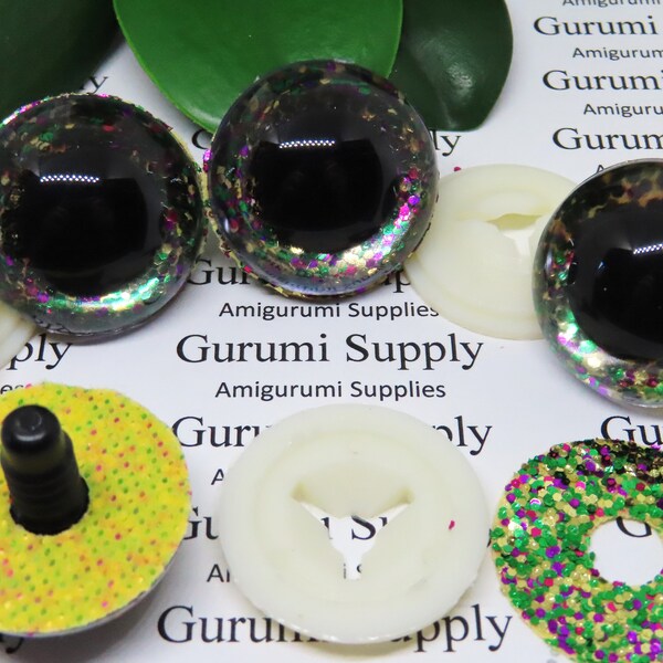30mm Clear Round Safety Eyes with Mardi Gras Glitter Non-Woven Slip Iris, Black Pupil and Washers: 1 Pair - Amigurumi / Animal / Crochet