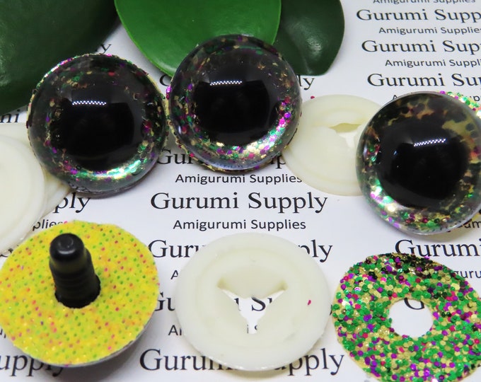 30mm Clear Round Safety Eyes with Mardi Gras Glitter Non-Woven Slip Iris, Black Pupil and Washers: 1 Pair - Amigurumi / Animal / Crochet