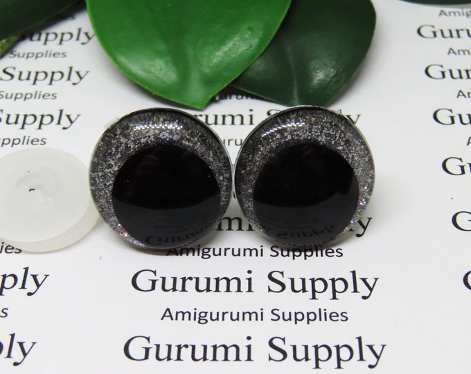 23mm Clear Safety Eyes with Silver Glitter Non-Woven Slip Iris, Black OC Pupil and Washers: 1 Pair - Amigurumi / Off Center / Round