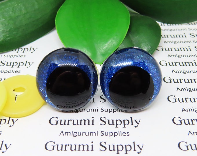 28mm Clear Safety Eyes with Dark Blue Glitter Non-Woven Slip Iris, Black OC Pupil and Washers: 1 Pair - Amigurumi / Off Center / Round