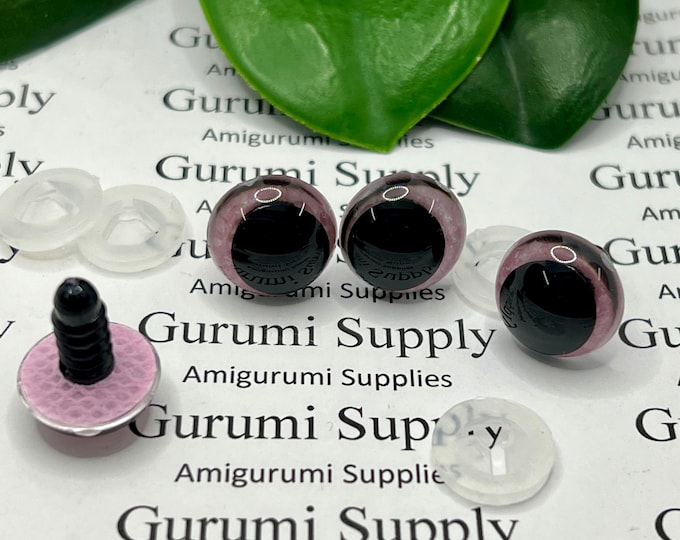 14mm Clear Safety Eyes with Light Pink Glitter Non-Woven Slip Iris, Black OC Pupil and Washers: 1 Pair - Amigurumi / Off Center / Round