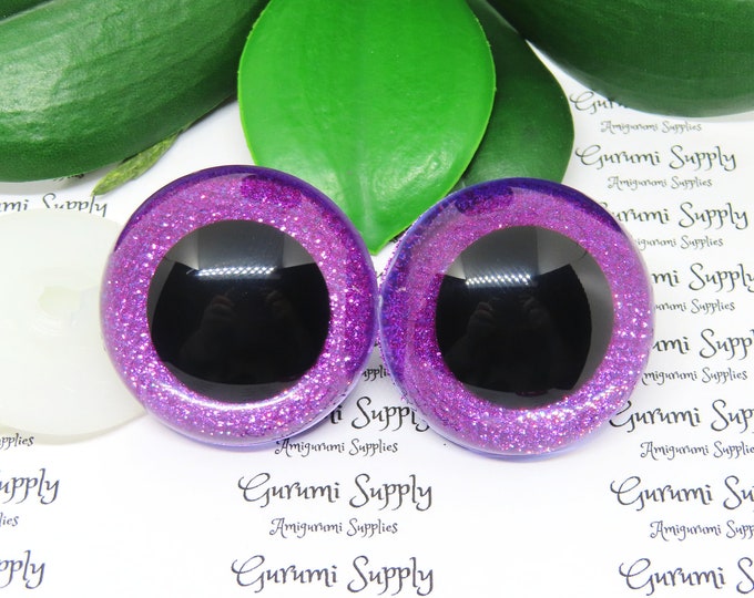 40mm Clear Round Safety Eyes with Hot Pink Glitter Non-Woven Slip Iris, Black Pupil and Washers: 1 Pair - Amigurumi / Animal / Crochet