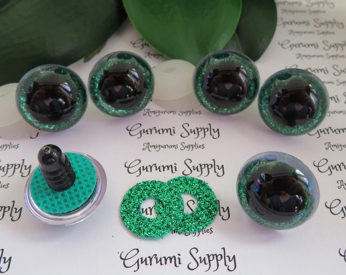 20mm Clear Round Safety Eyes with a Green Glitter Non-Woven Slip Iris, Black Pupil and Washers: 1 Pair - Doll / Amigurumi / Animal / Toys