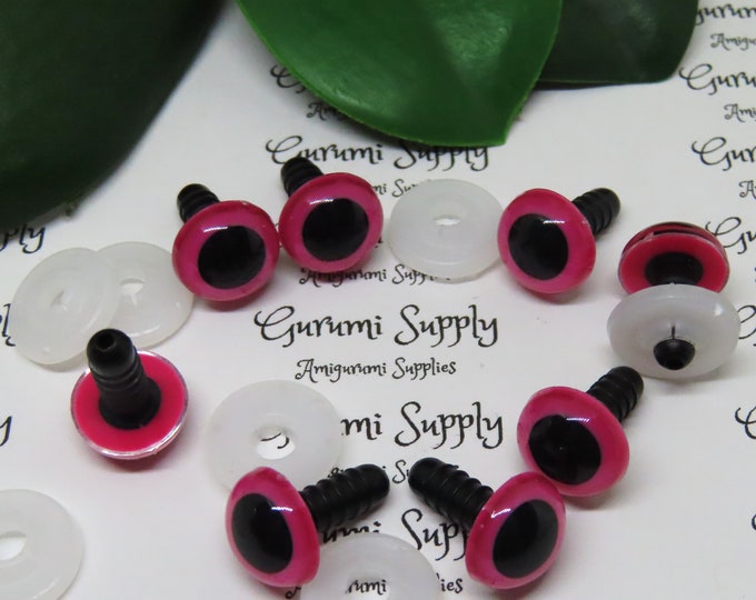 12mm Pink Iris Black Pupil Round Safety Eyes and Washers: 3 Pairs - Doll / Amigurumi / Animal / Creations/ Crochet / Paintfree / Craft / Toy