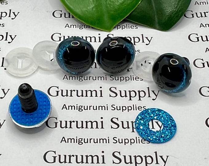 14mm Clear Safety Eyes with Blue Glitter Non-Woven Slip Iris, Black OC Pupil and Washers: 1 Pair - Amigurumi / Off Center / Round