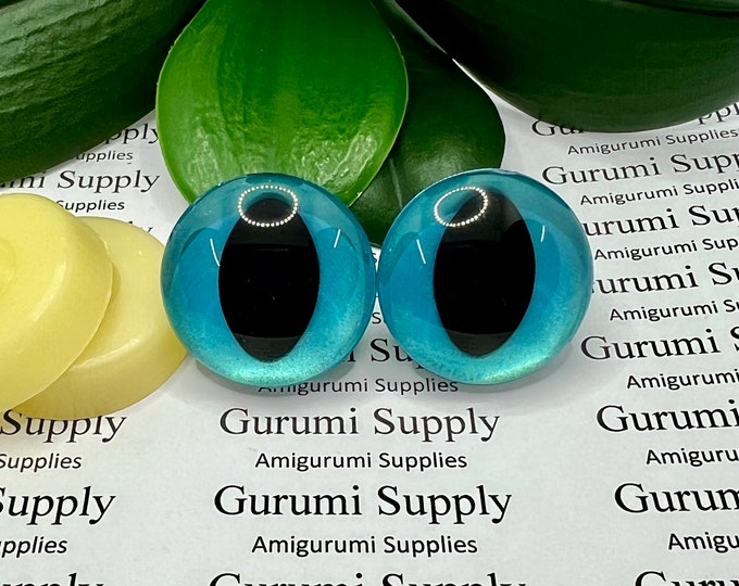30mm Hand Painted Metallic Teal Color Iris Black Pupils Round Cat Style Trapezoid Safety Eyes and Washers: 1 Pair – Dragon / Amigurumi