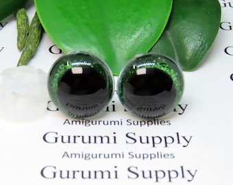 Yeux transparents de 18 mm avec iris non tissé scintillant vert, pupille OC noire et rondelles : 1 paire - Amigurumi / Décentré / Rond