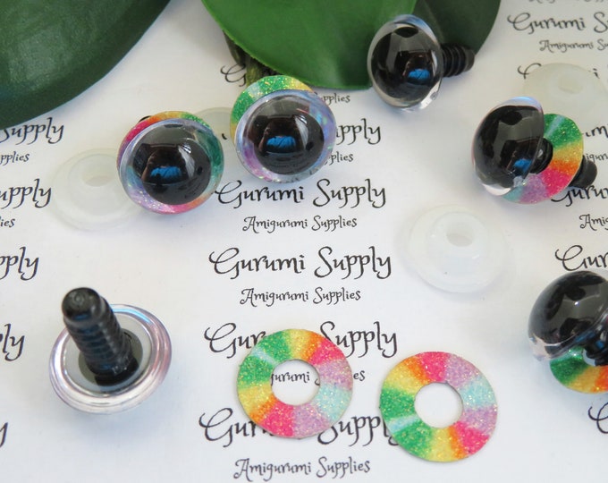 16mm Clear Safety Eyes with a Circle Rainbow Glitter Slip and Black Iris with Washers: 1 Pair -Amigurumi/Animals/Stuffed Creations/Crochet