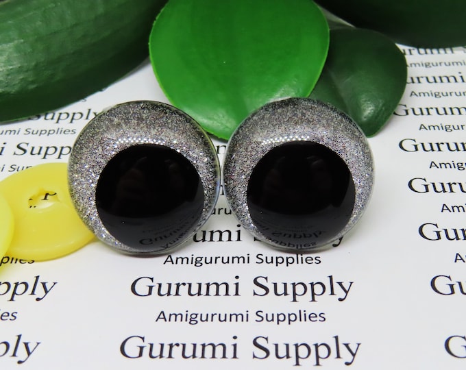 28mm Clear Safety Eyes with Silver Glitter Non-Woven Slip Iris, Black OC Pupil and Washers: 1 Pair - Amigurumi / Off Center / Round / Funny