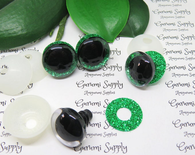 20mm Clear Trapezoid Plastic Safety Eyes with Green Glitter Non-Woven Slip Iris and Washers: 1 Pair- Animal Eyes / Doll Eye / Amigurumi Eye