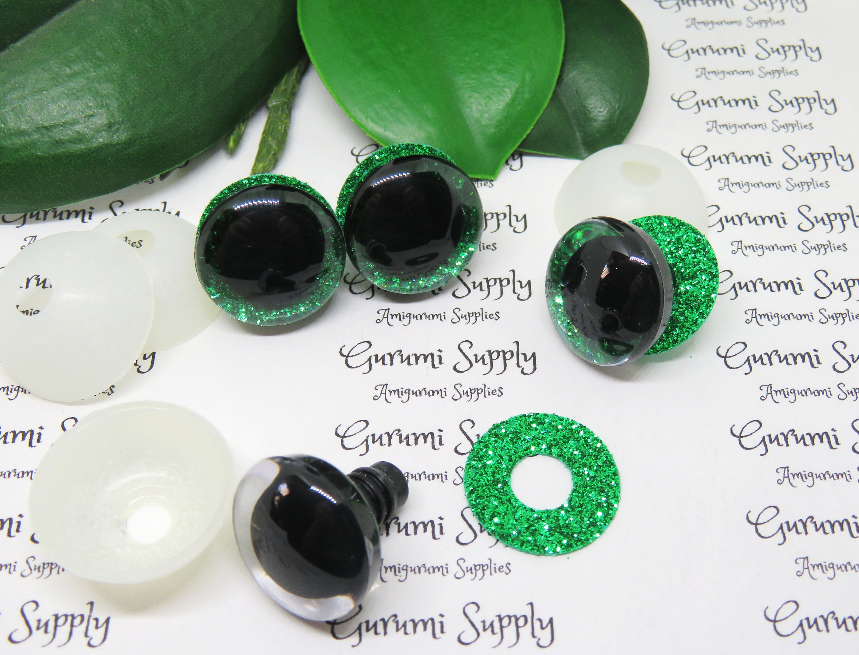 20mm Clear Trapezoid Plastic Safety Eyes with Green Glitter Non-Woven Slip  Iris and Washers: 1 Pair- Animal Eyes / Doll Eye / Amigurumi Eye