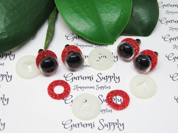 10mm Clear Round Plastic Safety Eyes With a Red Glitter Non-woven Slip Iris  and Washers: 2 Pairs Dolls / Amigurumi / Animal / Crochet 