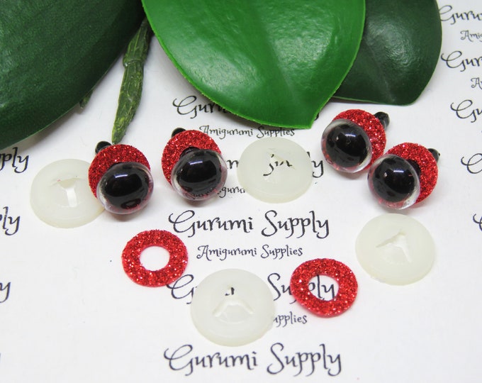 10mm Clear Round Plastic Safety Eyes with a Red Glitter Non-Woven Slip Iris and Washers: 2 Pairs - Dolls / Amigurumi / Animal / Crochet