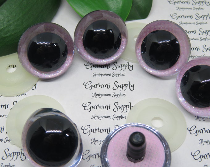 30mm Clear Round Plastic Safety Eyes with a Light Pink Glitter Non-Woven Slip Iris and Washers: 1 Pair - Amigurumi Suppies / Crochet / Knit