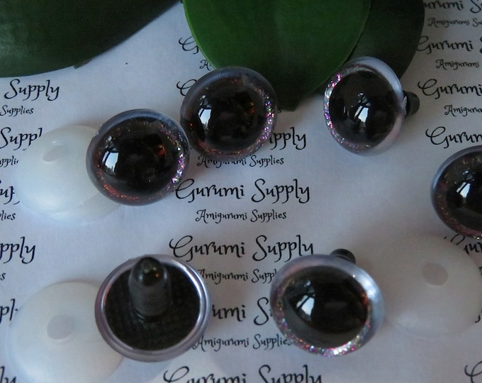 20mm Clear Round Safety Eyes with Light Sparkle Glitter Non-Woven Slip Iris, Black Pupil and Washers: 1 Pair - Doll / Amigurumi / Animal