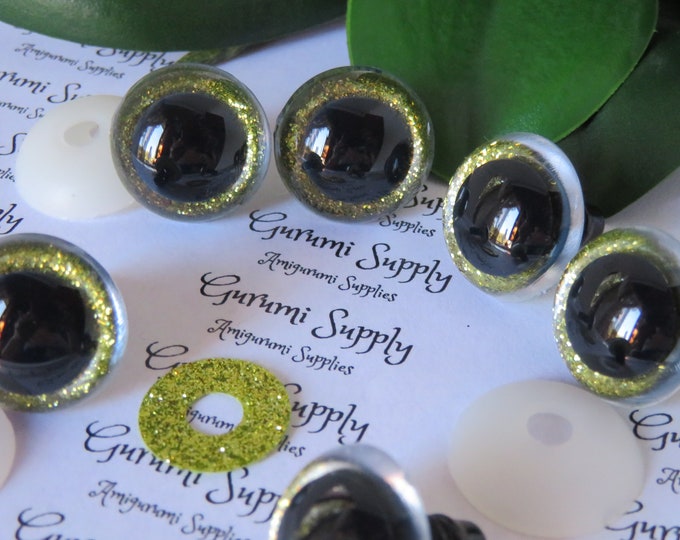 20mm Clear Round Plastic Safety Eyes with Yellow-Green Glitter Non-Woven Slip Iris Black Pupil and Washers: 1 Pair Amigurumi Animal Crochet