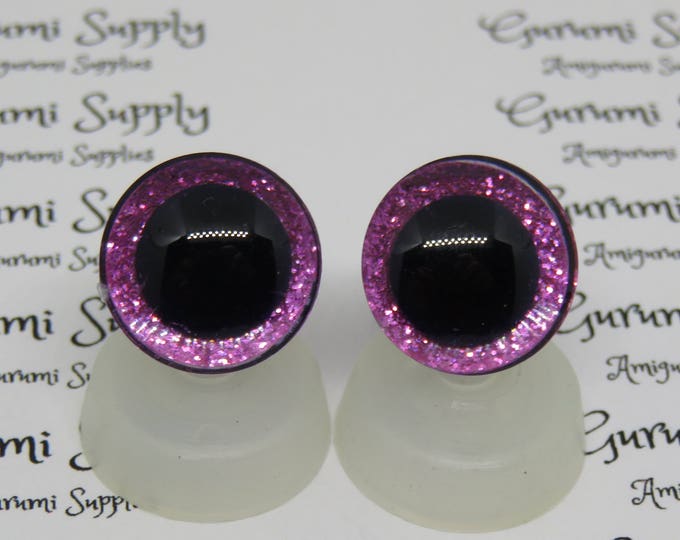 16mm Clear Trapezoid Plastic Safety Eyes with a Hot Pink Glitter Non-Woven Slip Iris and Washers: 1 Pair - Dolls / Amigurumi / Animal / Toy