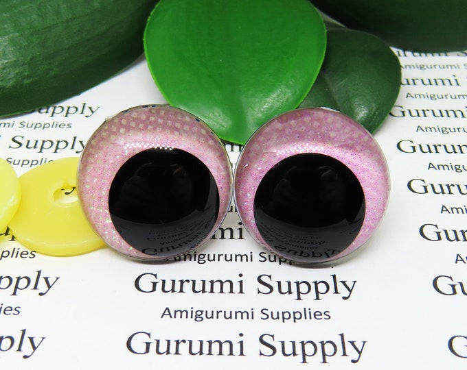 28mm Clear Safety Eyes with Light Pink Glitter Non-Woven Slip Iris, Black OC Pupil and Washers: 1 Pair - Amigurumi / Off Center / Round