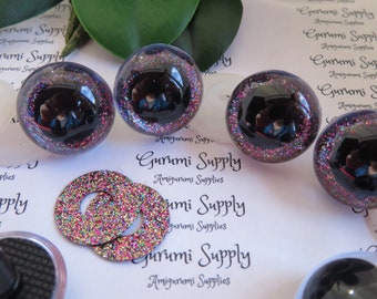 24mm Clear Round Plastic Safety Eyes with a Light Sparkle Glitter Non-Woven Slip Iris Black Pupil and Washers: 1 Pair - Amigurumi / Supplies