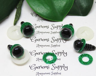 Ojos de seguridad de plástico transparente redondos de 10 mm con iris deslizante no tejido con brillantina verde y arandelas: 2 pares - Muñecas / Amigurumi / Animales / Ganchillo