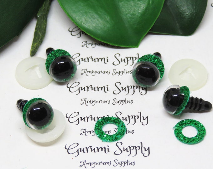 10mm Clear Round Plastic Safety Eyes with a Green Glitter Non-Woven Slip Iris and Washers: 2 Pairs - Dolls / Amigurumi / Animal / Crochet