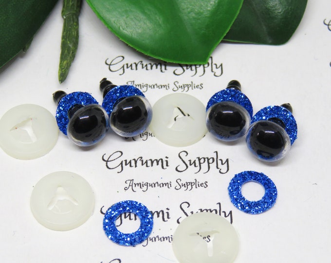 10mm Clear Round Plastic Safety Eyes with a Dark Blue Glitter Non-Woven Slip Iris and Washers: 2 Pairs - Doll / Amigurumi / Animal / Crochet