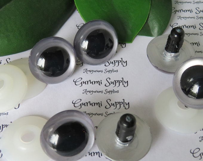 24mm Silver Grey Iris Black Pupil Round Safety Eyes and Washers: 1 Pair - Dolls / Amigurumi / Animals / Stuffed Creations / Hand Painted