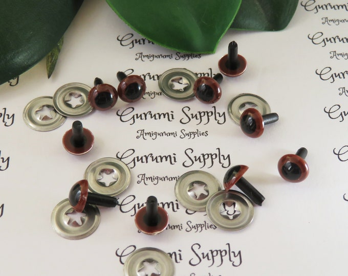 7.5mm Red-Brown Iris Black Pupil Round Safety Eyes and Washers: 5 Pairs - Dolls/Amigurumi/Animals/ Stuffed Creations/Crochet/Paintfree/Knit