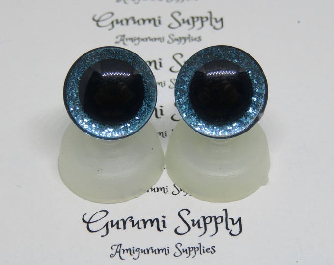 16mm Clear Trapezoid Plastic Safety Eyes with a Light Blue Glitter Non-Woven Slip Iris and Washers: 1 Pair - Dolls / Amigurumi / Animal