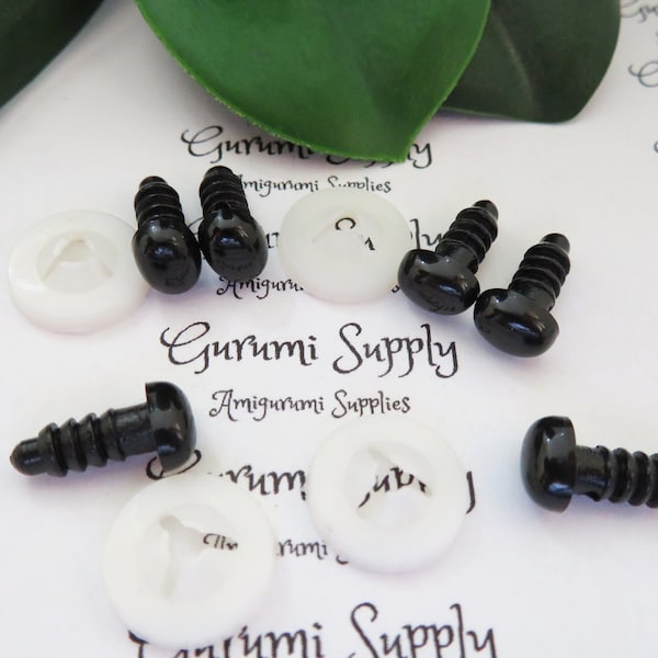 6x8mm Solid Black Oval Safety Eyes/Noses with Washers: 2 Pair - Amigurumi/ Animals/ Doll/ Toy/ Stuffed Creations/ Craft Eyes/ Crochet/ Knit