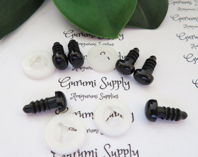 6x8mm Solid Black Oval Safety Eyes/Noses with Washers: 2 Pair - Amigurumi/ Animals/ Doll/ Toy/ Stuffed Creations/ Craft Eyes/ Crochet/ Knit